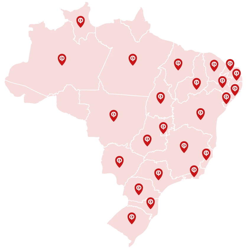 Mapa do Brasil com a presença da Gontijo Fundações em todos os estados